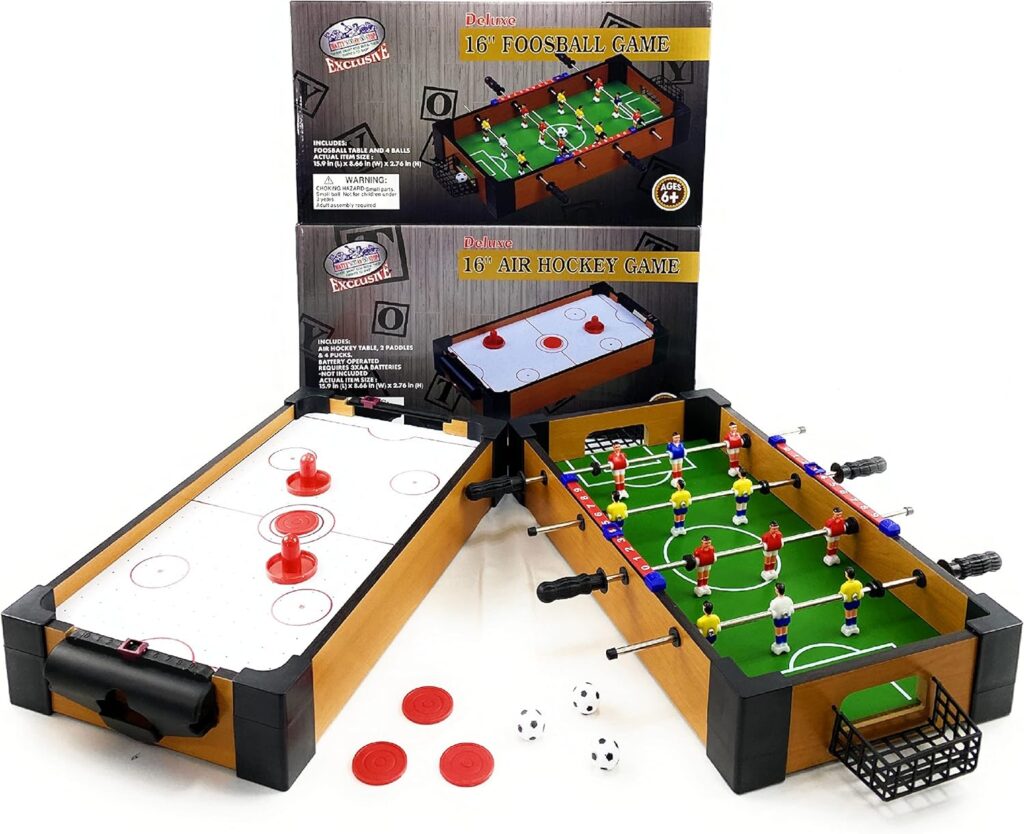 Mattys Toy Stop Deluxe Wooden 16 Mini Table Top Air Hockey (Extra Pucks)  Foosball (Soccer) (Extra Balls) Games Gift Set Bundle - 2 Pack