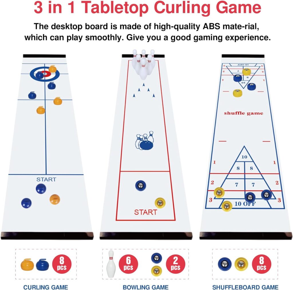 3-in-1 Table Bowling Game - Mini Curling, Shuffleboard and Bowling Set Perfect for Family Fun and Parties - Portable Mini Tabletop Games for Kids and Adults, Indoors and Outdoors