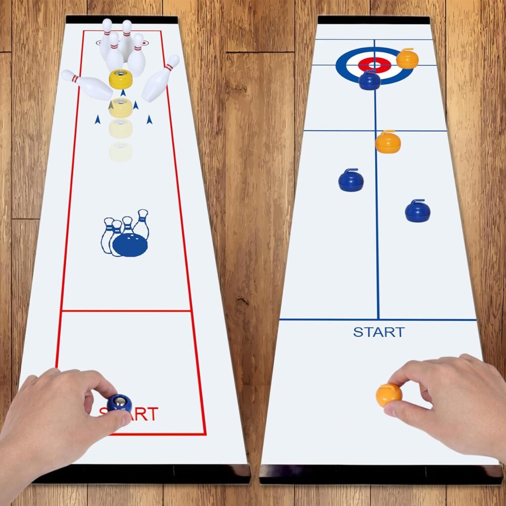 3-in-1 Table Bowling Game - Mini Curling, Shuffleboard and Bowling Set Perfect for Family Fun and Parties - Portable Mini Tabletop Games for Kids and Adults, Indoors and Outdoors