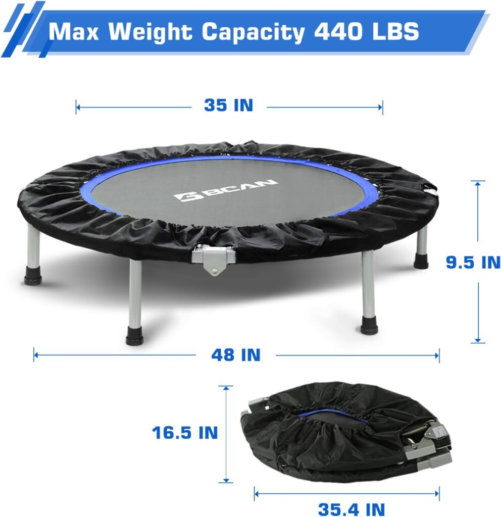 BCAN 40/48 Foldable Mini Trampoline Max Load 330lbs/440lbs, Fitness Rebounder with Adjustable Foam Handle, Exercise Trampoline for Adults Indoor/Garden Workout