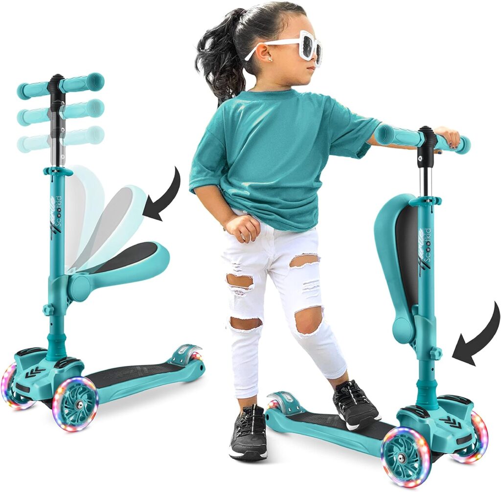 Hurtle 3 Wheeled Scooter for Kids - 2-in-1 Sit/Stand Child Toddlers Toy Kick Scooters w/ Flip-out Seat, Adjustable Height, Wide Deck, Flashing Wheel Lights, For Boys/Girls 1 Year Old+