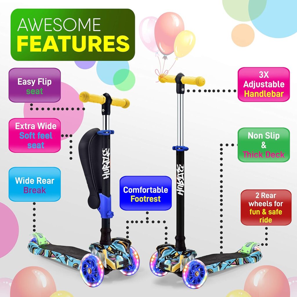 Hurtle 3 Wheeled Scooter for Kids - 2-in-1 Sit/Stand Child Toddlers Toy Kick Scooters w/ Flip-out Seat, Adjustable Height, Wide Deck, Flashing Wheel Lights, For Boys/Girls 1 Year Old+