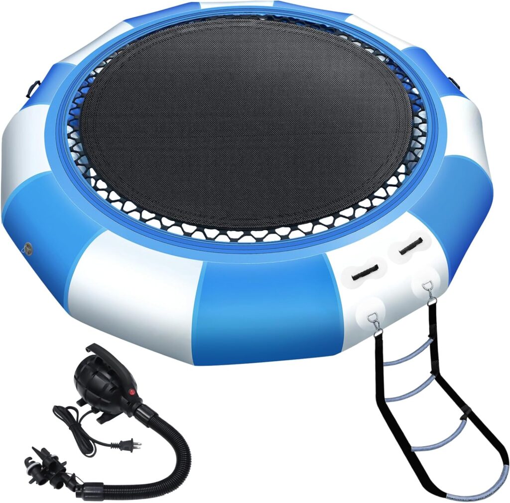 Inflatable Water Trampoline, 10FT/12FT Recreational Water Bouncer with Electric Pump, Rope Ladder, Portable Bounce Swim Platform for Lakes, Pools, Calm Sea