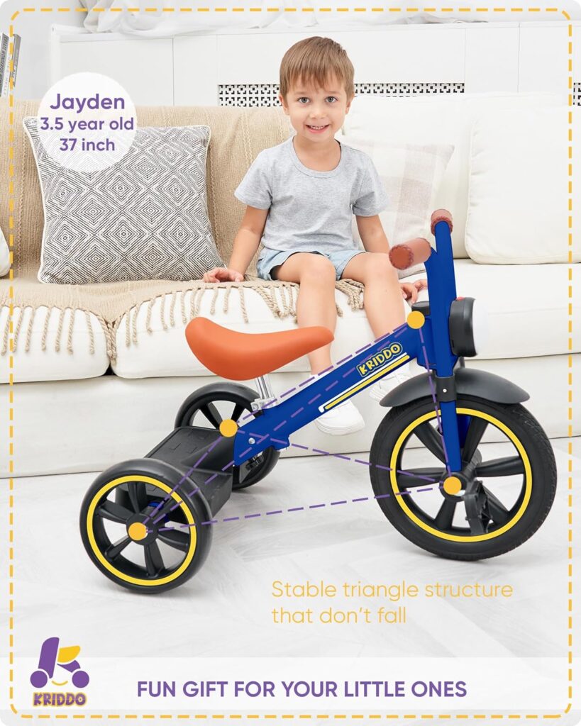 KRIDDO Kids 12 Inch Tricycle With Puncture Free Wheels, Front Light, Adjustable Seat - Gift for 2-5 Year Olds, Blue