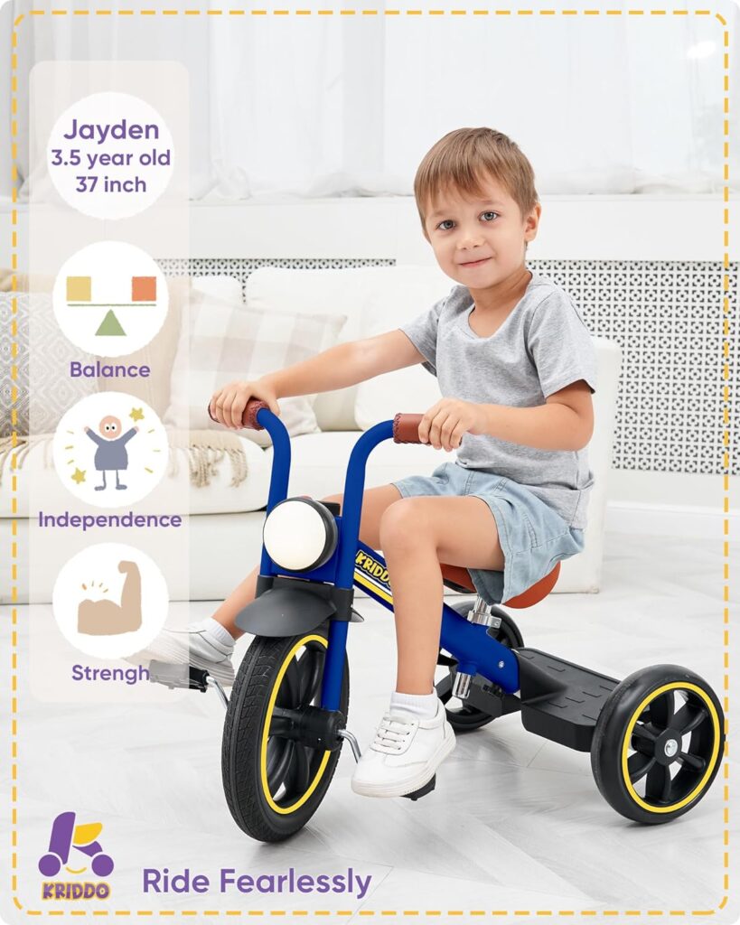 KRIDDO Kids 12 Inch Tricycle With Puncture Free Wheels, Front Light, Adjustable Seat - Gift for 2-5 Year Olds, Blue