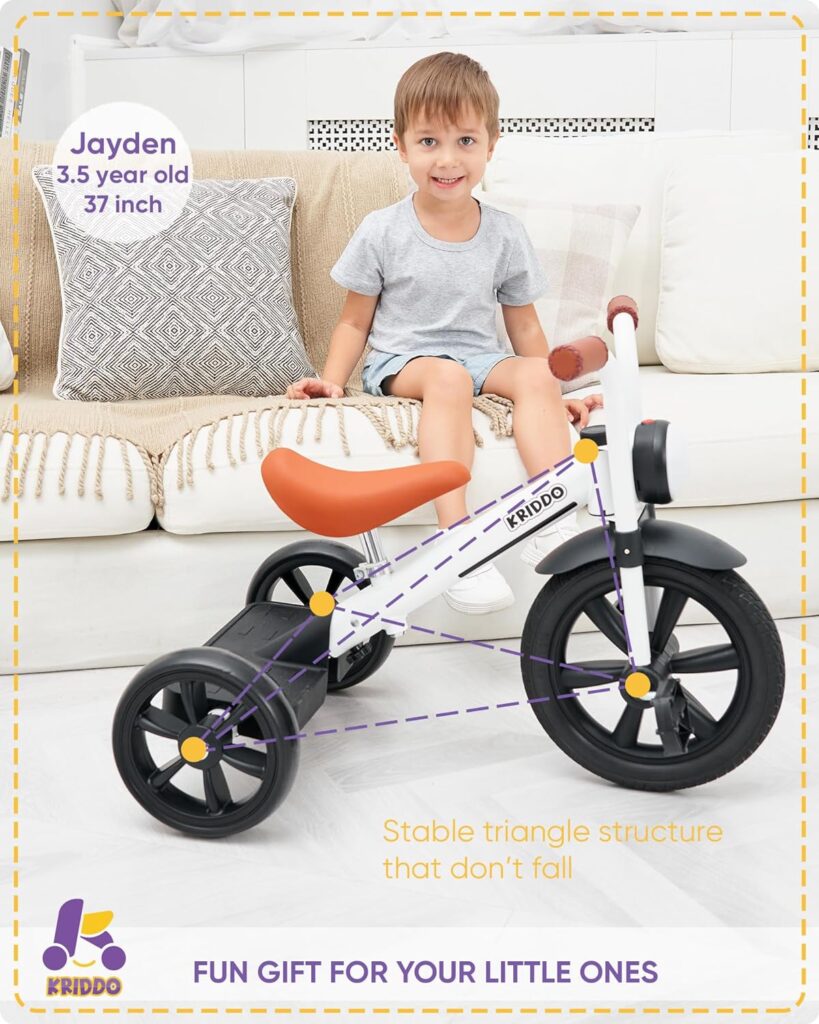 KRIDDO Kids Tricycle, 12 Inch Puncture Free Wheel w Front Light, Adjustable Seat Height, Gift for 2-5 Year Olds, White