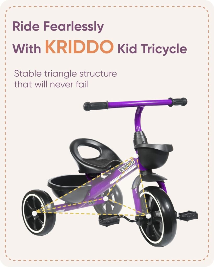 KRIDDO Kids Tricycles Age 24 Month to 4 Years, Toddler Kids Trike for 2.5 to 5 Year Old, Gift Toddler Tricycles for 2-4 Year Olds, Trikes for Toddlers, Purple