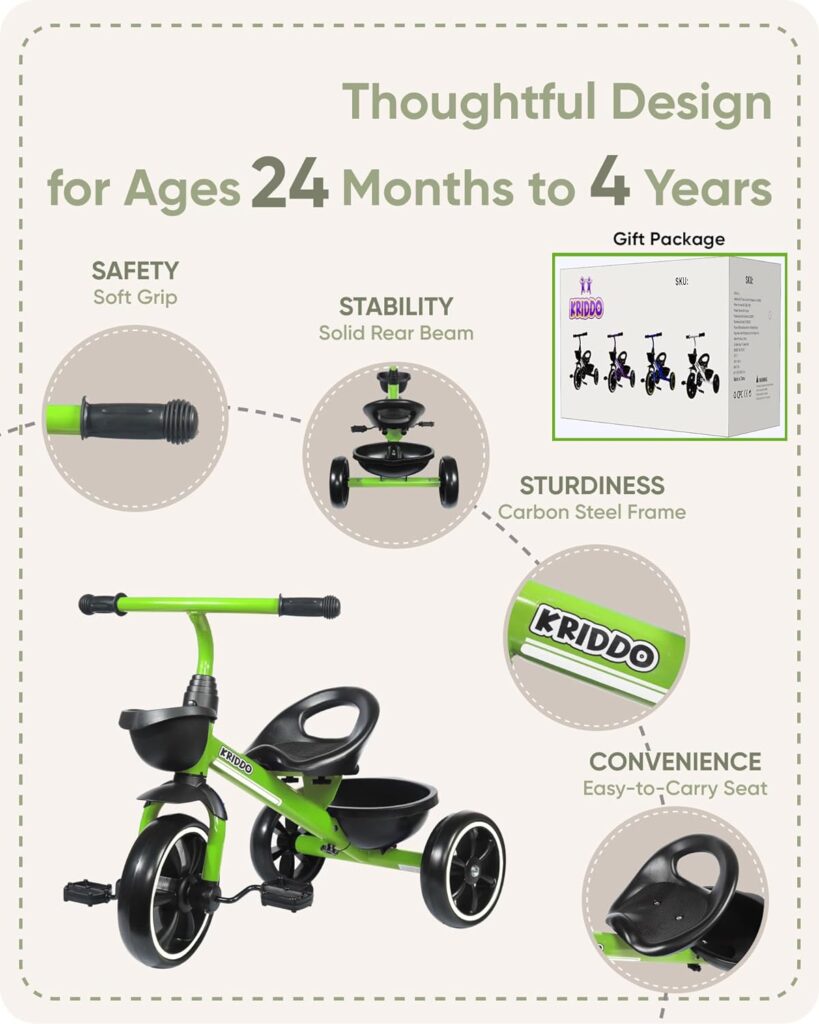 KRIDDO Kids Tricycles Age 24 Month to 4 Years, Toddler Kids Trike for 2.5 to 5 Year Old, Gift Toddler Tricycles for 2-4 Year Olds, Trikes for Toddlers, Purple