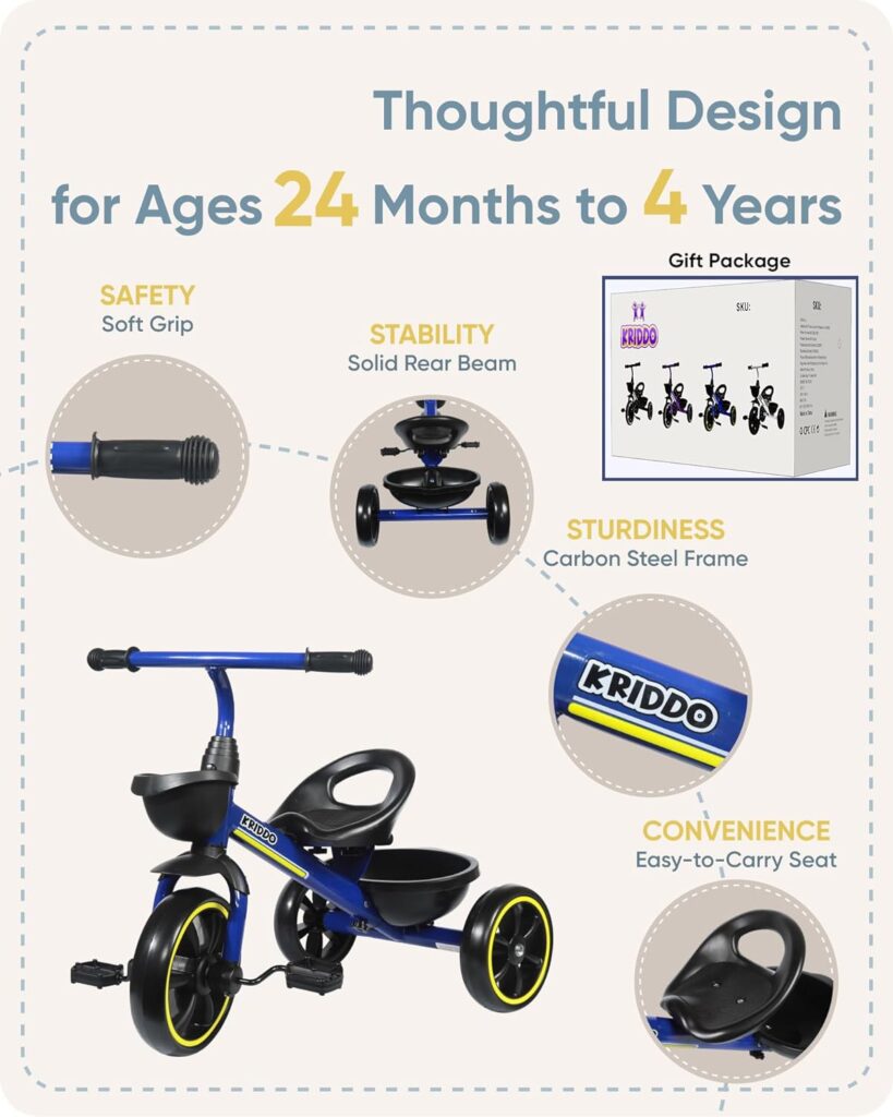 KRIDDO Kids Tricycles Age 24 Month to 4 Years, Toddler Kids Trike for 2.5 to 5 Year Old, Gift Toddler Tricycles for 2-4 Year Olds, Trikes for Toddlers, Purple