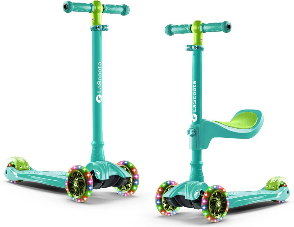 LaScoota 2-in-1 Kids Kick Scooter, Adjustable Height Handlebars and Removable Seat, 3 LED Lighted Wheels and Anti-Slip Deck, for Boys  Girls Aged 3-12 and up to 100 Lbs.