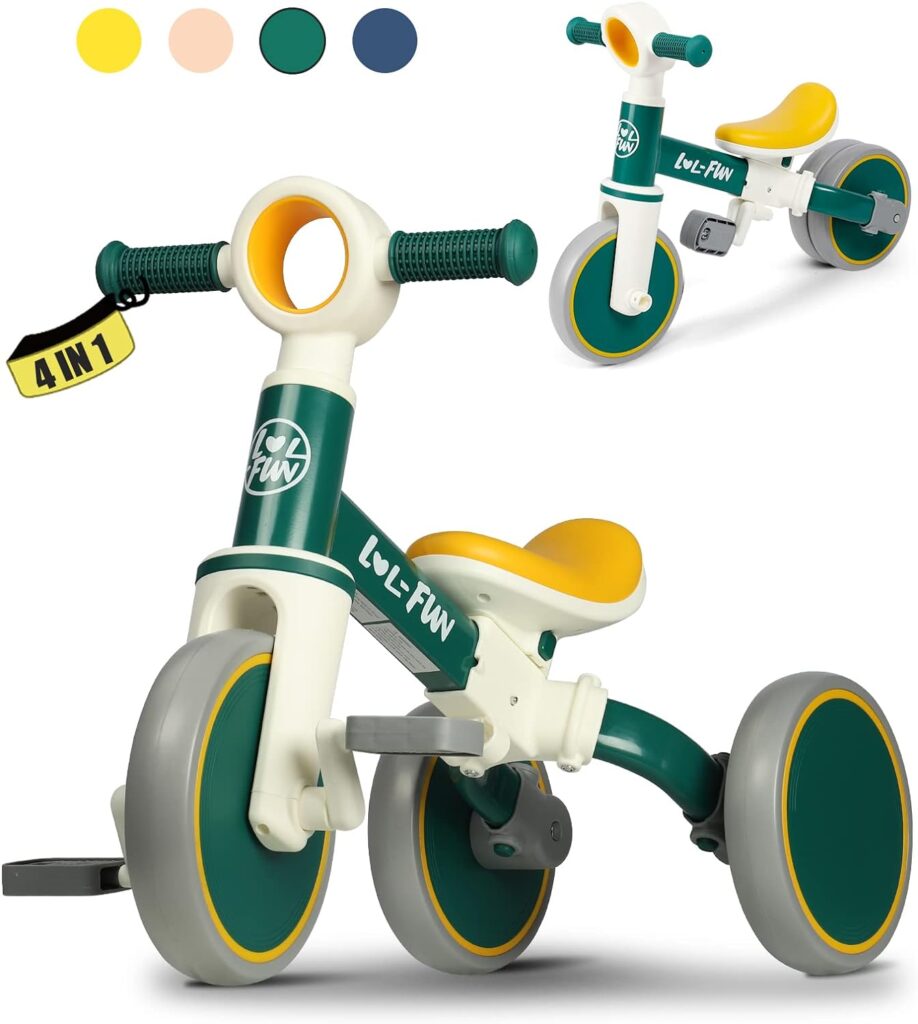 LOL-FUN 4 in 1 Toddler Balance Bike for 1-4 Years Old Boys Girls Gift, 3 Wheel Baby Bicycle for 1 Year Old Kids Tricycle with Easy Assembly Removable Pedal