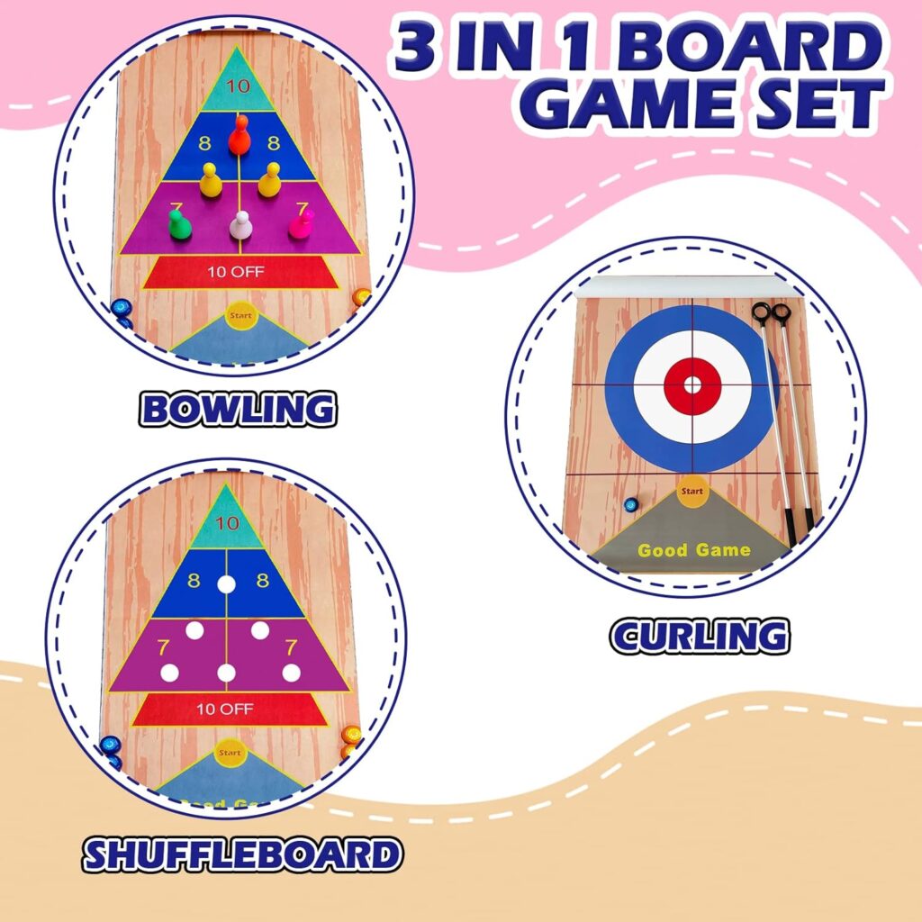 Portable Indoor Shuffleboard Table Game, Curling Game and Bowling Game 3 in 1 Board Game Set,with 11.7 Foot Game Mat,2 Cues,8 Curling Rocks,6 Bowling Pins,Fun Family Game