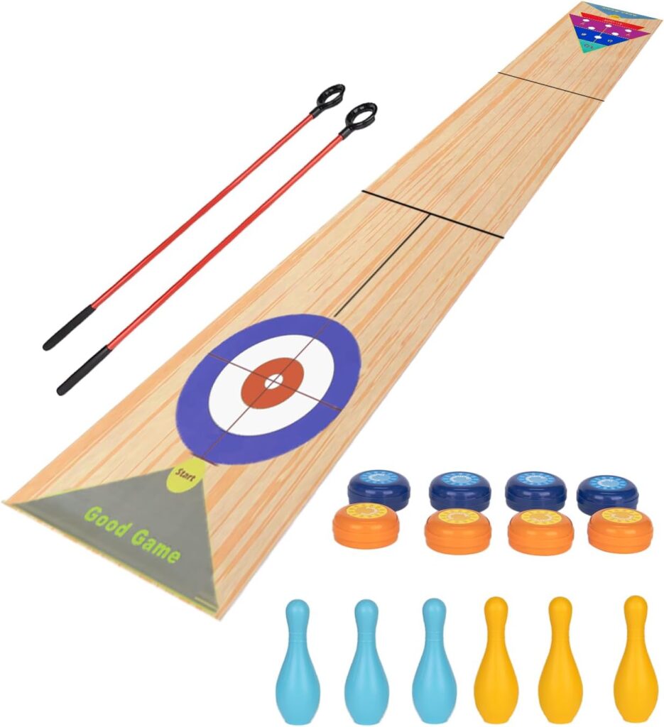 Portable Indoor Shuffleboard Table Game, Curling Game and Bowling Game 3 in 1 Board Game Set,with 11.7 Foot Game Mat,2 Cues,8 Curling Rocks,6 Bowling Pins,Fun Family Game