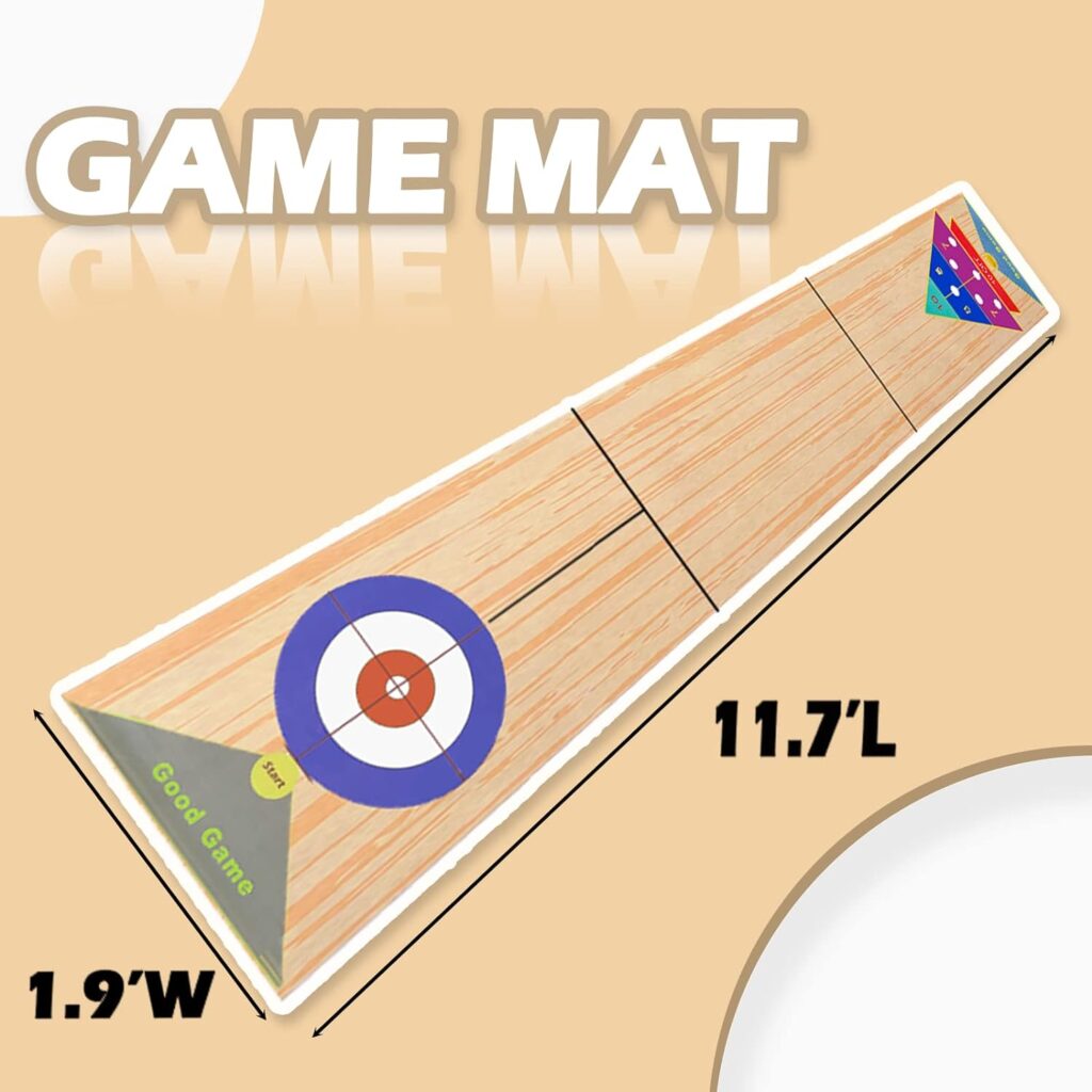 Portable Indoor Shuffleboard Table Game, Curling Game and Bowling Game 3 in 1 Board Game Set,with 11.7 Foot Game Mat,2 Cues,8 Curling Rocks,6 Bowling Pins,Fun Family Game