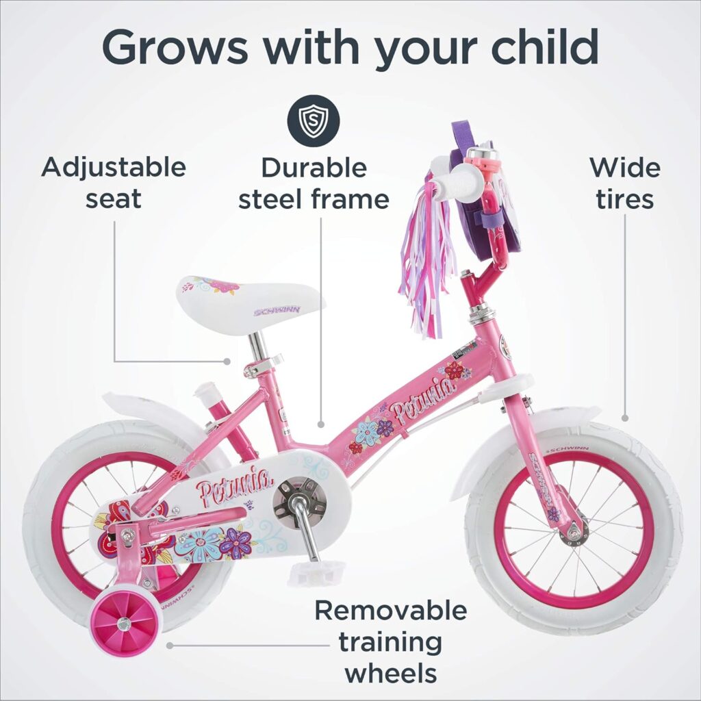 Schwinn Grit and Petunia Push Steer and Ride Kids Bike, For Boys  Girls Ages 2-4 Year Old, Rider Height 28-38 Inch, 12-Inch Wheels, Training Wheels, Detachable Push Handle with Water Bottle  Holder