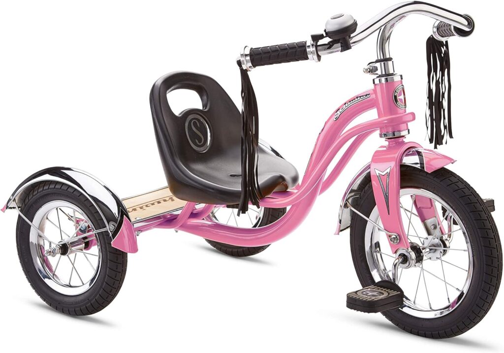 Schwinn Roadster Bike for Toddler, Kids Classic Tricycle, Low Positioned Steel Trike Frame w/ Bell  Handlebar Tassels, Rear Deck Made of Genuine Wood, for Boys and Girls Ages 2-4 Year Old, Light Pink