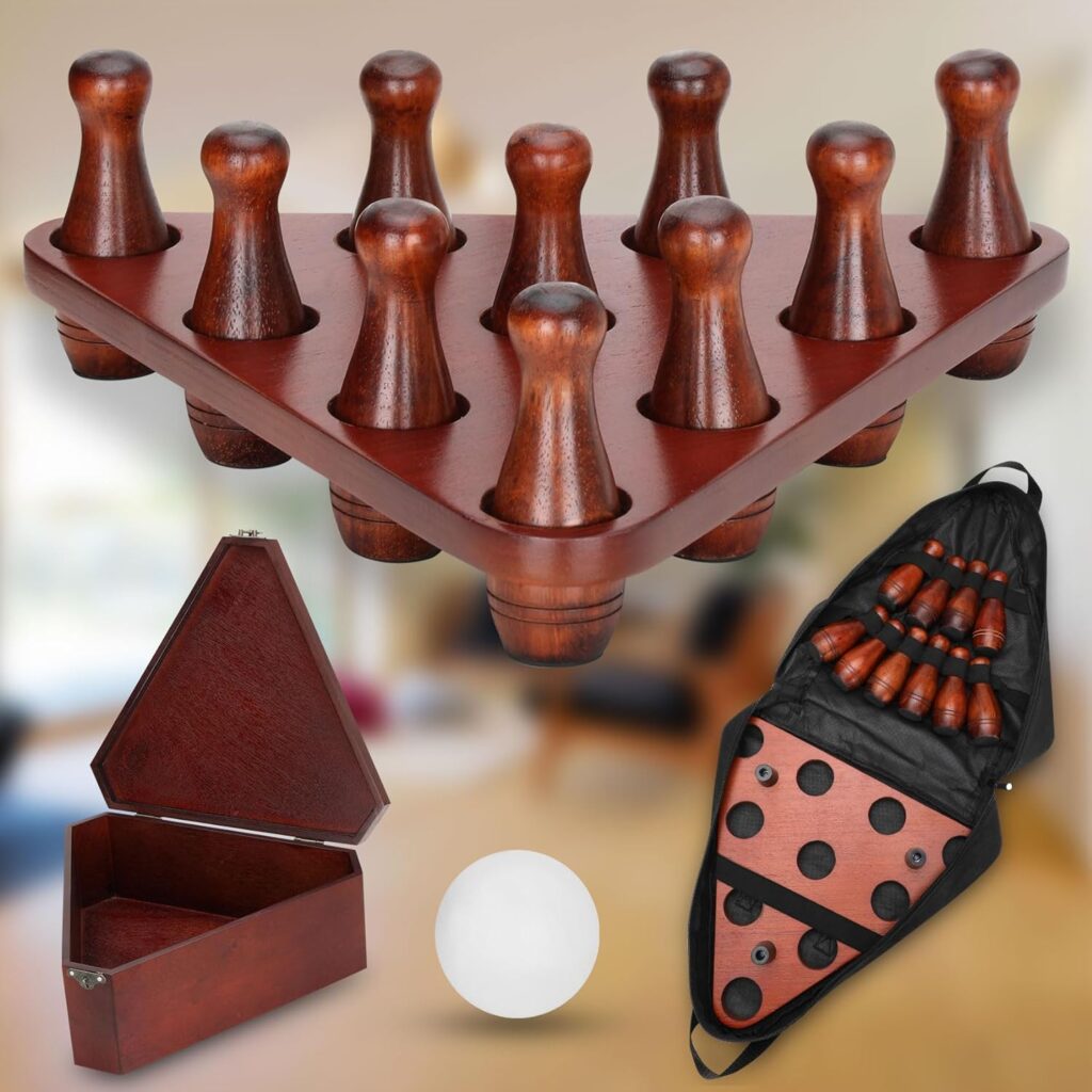 Shuffleboard Bowling Pin Set with 10 Pcs Premium Hardwood Bowling Pins Durable Triangular Pinsetter Resin Bowling Ball and Carrying Bag,with Deluxe Storage Box,Fun for Shuffleboard Games