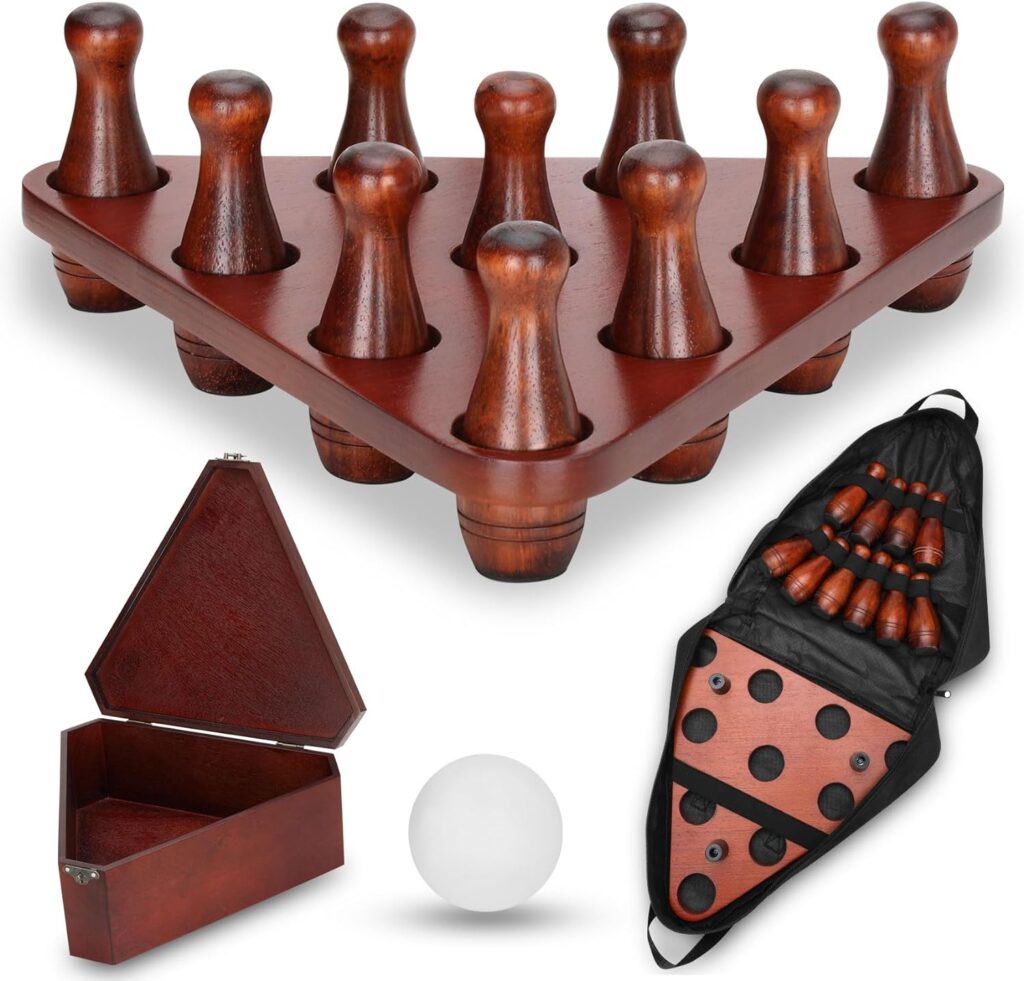 Shuffleboard Bowling Pin Set with 10 Pcs Premium Hardwood Bowling Pins Durable Triangular Pinsetter Resin Bowling Ball and Carrying Bag,with Deluxe Storage Box,Fun for Shuffleboard Games