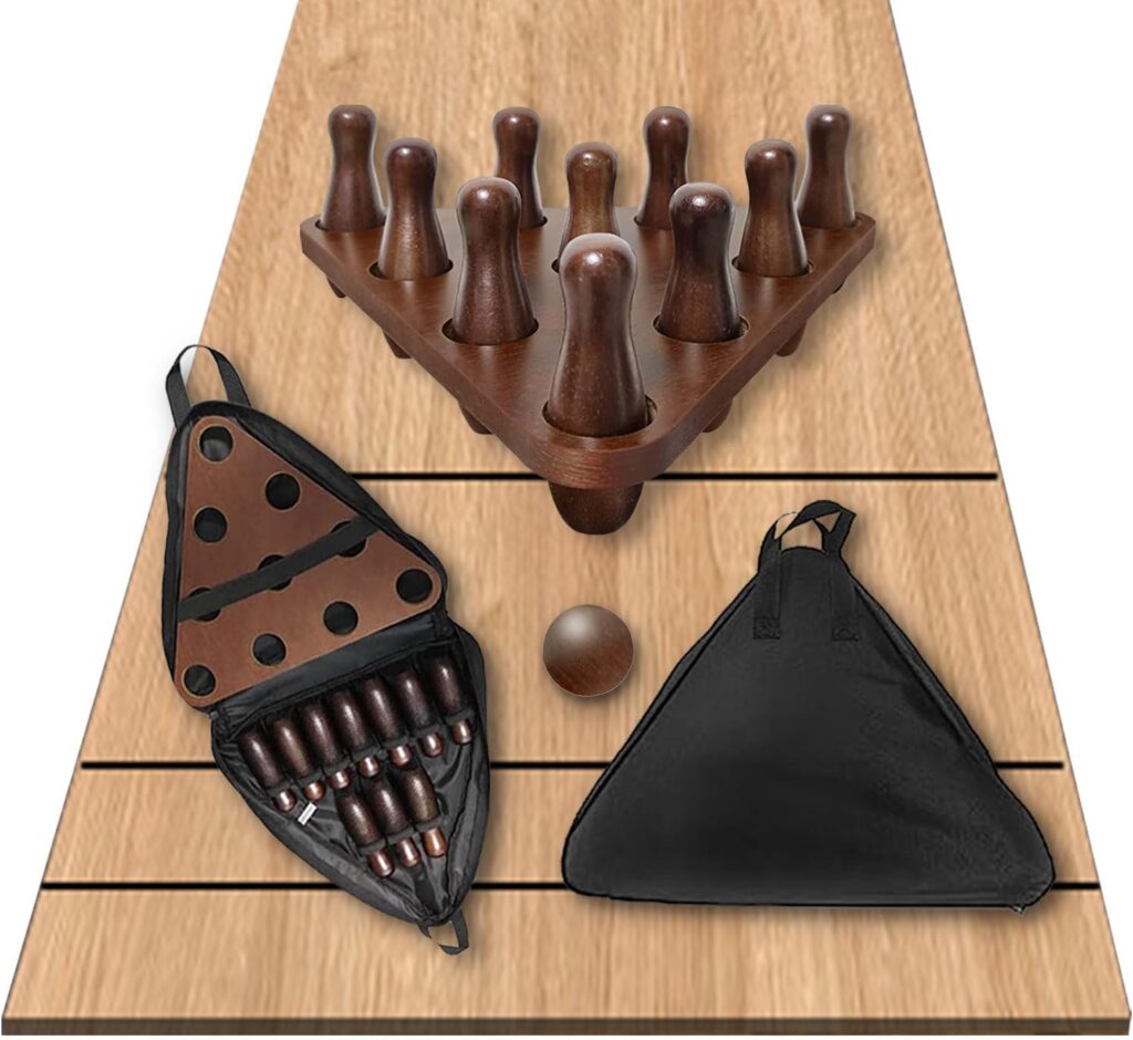 Shuffleboard Bowling Pin Set,Bowling Games for Shuffleboard with 10 pcs Bowling Pins for Shuffleboard Sand Hardwood Brown Log Color Bowling Set with Pinsetter Triangular and Durable Carrying Bag