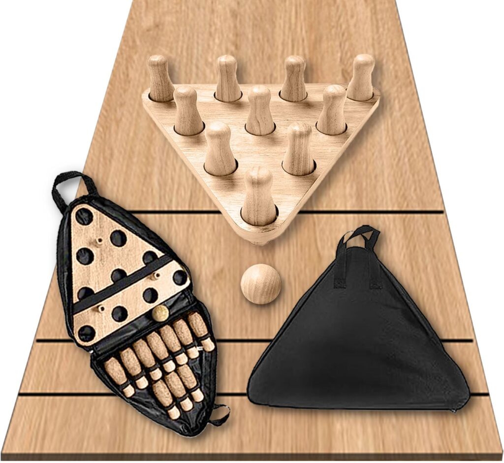 Shuffleboard Bowling Pin Set,Bowling Games for Shuffleboard with 10 pcs Bowling Pins for Shuffleboard Sand Hardwood Brown Log Color Bowling Set with Pinsetter Triangular and Durable Carrying Bag