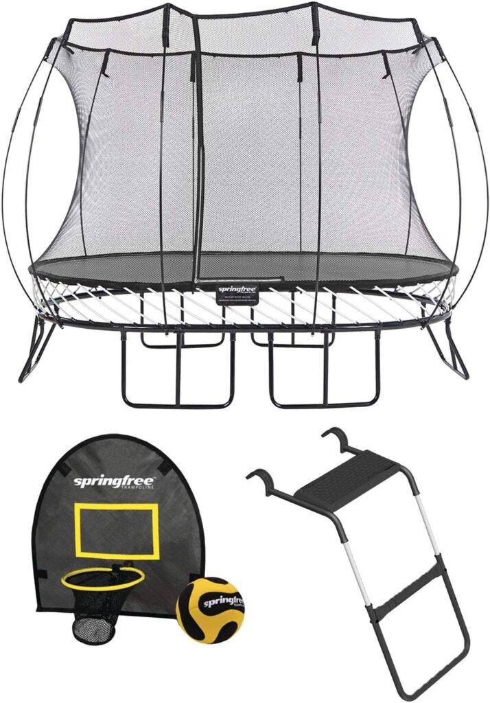 Springfree Outdoor Oval Jumping Trampoline with Net Enclosure, Basketball Hoop Game, and Step Ladder Accessories for Backyard Play